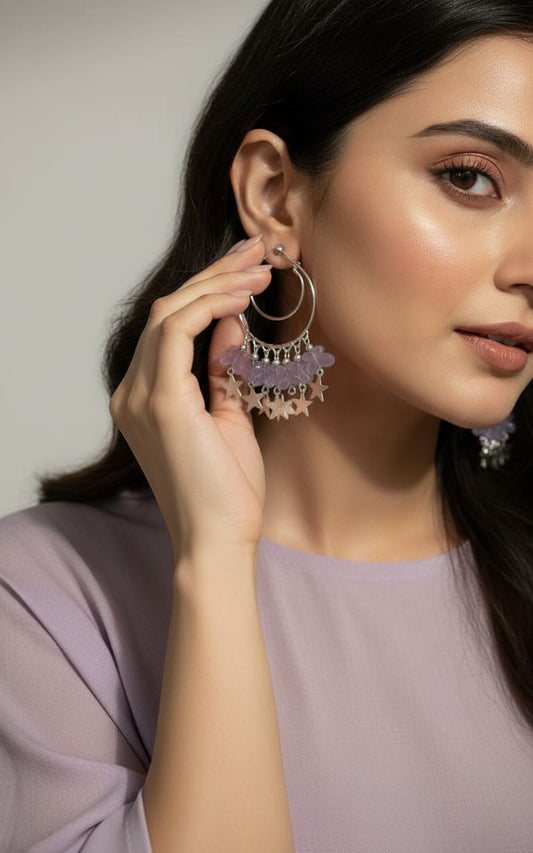 Lavender Beaded Star Hoop Earrings