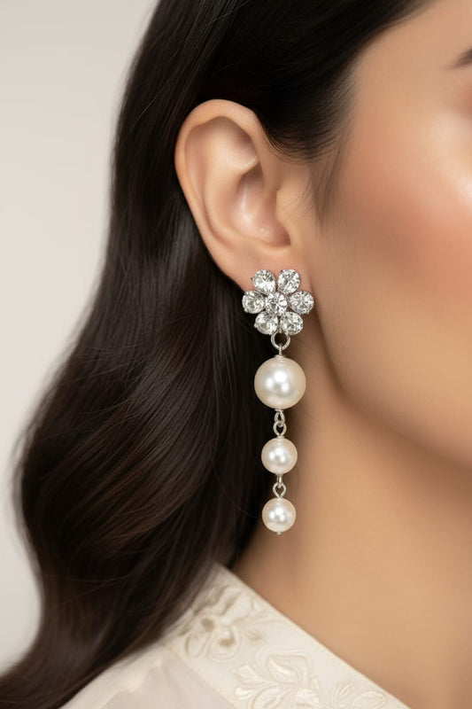 Elegant Floral Crystal & Pearl Drop Earrings