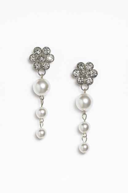 Elegant Floral Crystal & Pearl Drop Earrings