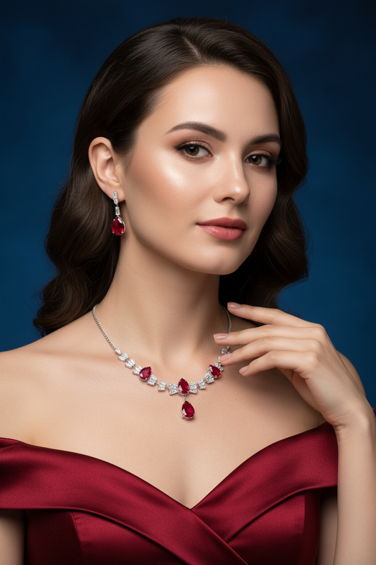 Luxury Ruby Crystal Necklace & Earring Set