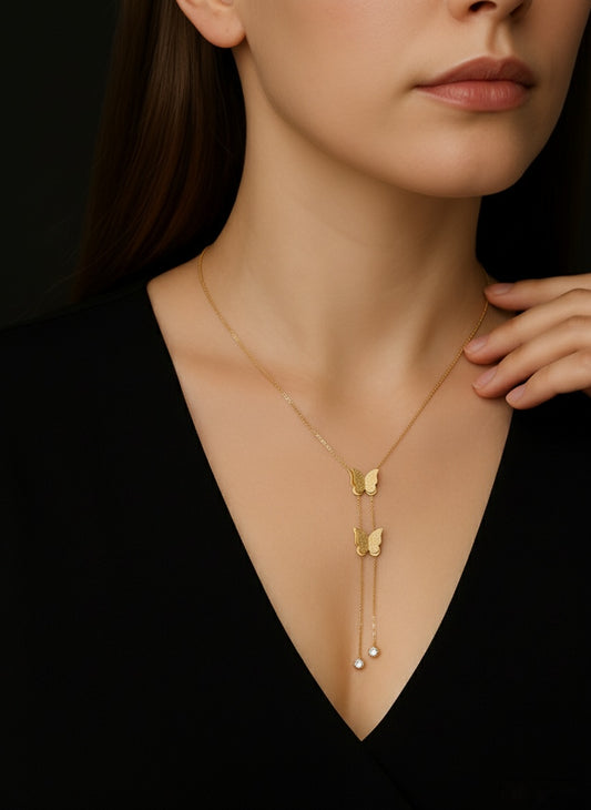 Butterfly Golden Necklace with Crystal Drops